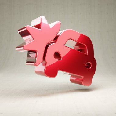 Araba kazası ikonu. Kırmızı parlak metalik araba kazası sembolü beyaz beton arka planda izole edilmiş..