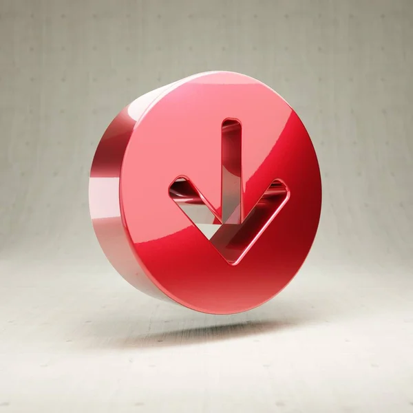 Ikona šipky dolů. Červená lesklá kovová šipka kruh dolů symbol izolovaný na bílém betonu pozadí. — Stock fotografie