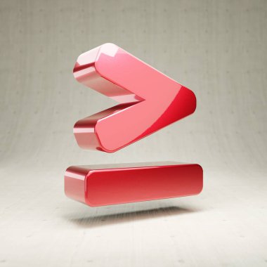 Eşit simgeden daha büyük. Beyaz beton arkaplanda izole edilmiş kırmızı parlak metalik Büyük veya Eşit sembol.