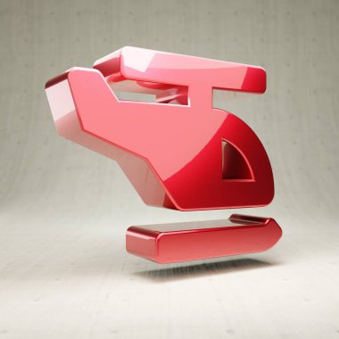 Helikopter simgesi. Beyaz beton arka planda izole edilmiş kırmızı parlak metalik helikopter sembolü.