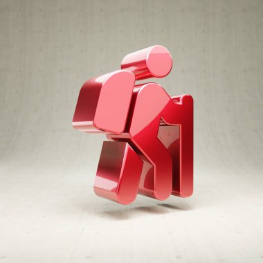 Yürüyüş ikonu. Kırmızı parlak metalik yürüyüş sembolü beyaz beton arkaplanda izole edilmiş..