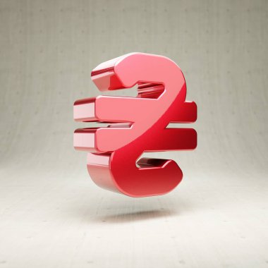 Hryvnia ikonu. Beyaz beton arka planda izole edilmiş kırmızı parlak metalik Hryvnia sembolü.