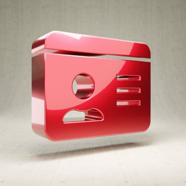 Kimlik kartı simgesi. Beyaz beton arkaplanda izole edilmiş kırmızı parlak metalik kimlik kartı sembolü.