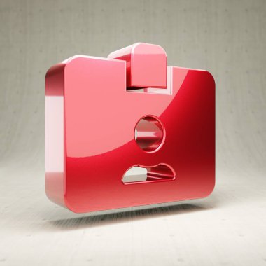 Kimlik kartı simgesi. Beyaz beton arkaplanda izole edilmiş kırmızı parlak metalik kimlik kartı sembolü.