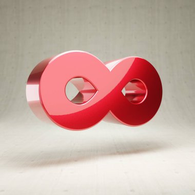 Sonsuzluk simgesi. Beyaz beton arkaplanda izole edilmiş kırmızı parlak metalik sonsuzluk sembolü.