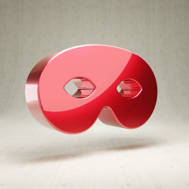 Maske simgesi. Beyaz beton arkaplanda izole edilmiş kırmızı parlak metalik maske sembolü.