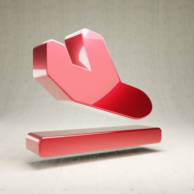 Gelen Uçak simgesi. Beyaz beton zemin üzerinde izole edilmiş kırmızı parlak metalik uçak varış sembolü.