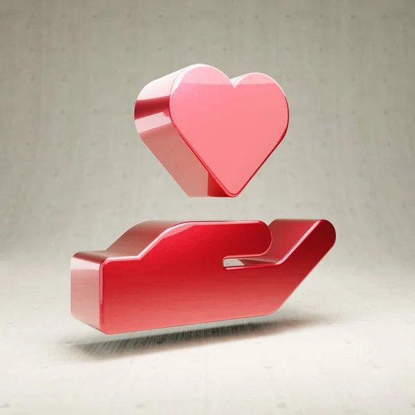 Hand Holding Heart icoon. Rood glanzend metallic Hand Holding Hart symbool geïsoleerd op witte betonnen achtergrond. — Stockfoto