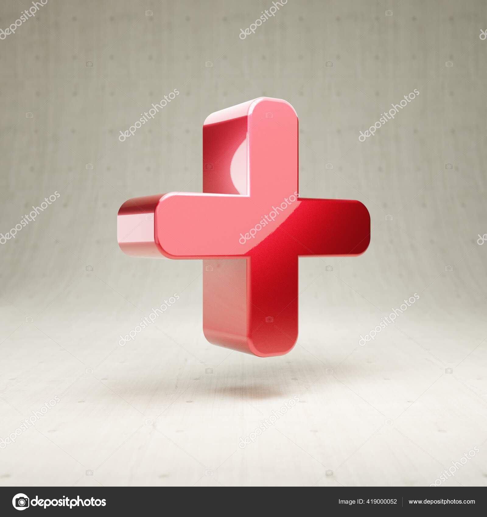 Plus icon Red glossy metallic Plus symbol isolated on white concrete
