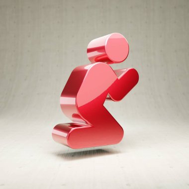 Dua ikonu. Beyaz beton arkaplanda izole edilmiş kırmızı parlak metalik dua sembolü.