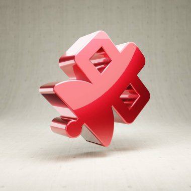 Uydu simgesi. Beyaz beton arkaplanda izole edilmiş kırmızı parlak metalik uydu sembolü.