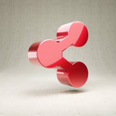 Simgeyi paylaş. Beyaz beton zemin üzerinde kırmızı parlak metalik paylaşım sembolü izole.