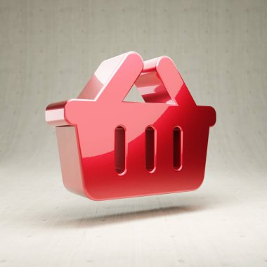 Alışveriş sepeti ikonu. Beyaz beton arka planda izole edilmiş kırmızı metalik alışveriş sepeti sembolü.