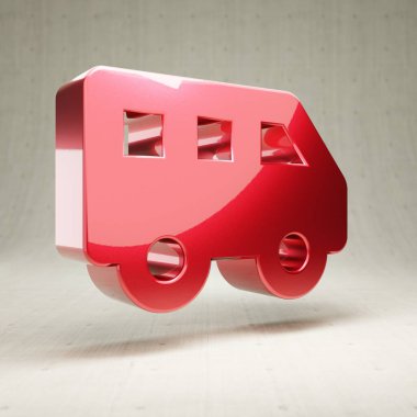 Mekik Van ikonu. Beyaz beton arka planda izole edilmiş kırmızı parlak metalik minibüs sembolü.