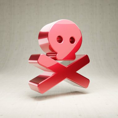 Kafatası Çapraz Kemikleri simgesi. Beyaz beton arka planda izole edilmiş kırmızı parlak metalik Kafatası Crossbones sembolü.