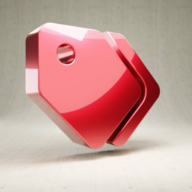 Etiket simgesi. Beyaz beton arkaplanda izole edilmiş kırmızı parlak metalik etiketler.