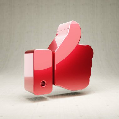 Başparmaklar yukarı simgesi. Beyaz beton arkaplanda izole edilmiş kırmızı parlak metalik başparmaklar yukarı.