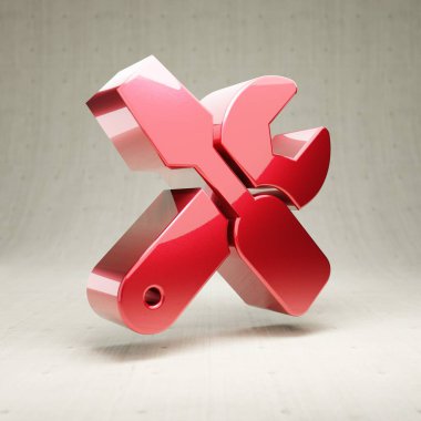 Araç simgesi. Beyaz beton zemin üzerinde izole kırmızı parlak metalik araçlar sembolü.