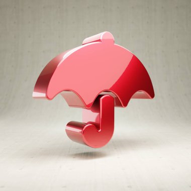 Şemsiye simgesi. Beyaz beton arka planda izole edilmiş kırmızı parlak metalik Şemsiye sembolü.