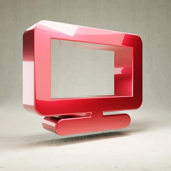 TV 아이콘. 흰색 콘 크리 이트 배경에 분리되어 있는 붉은 광택나는 금속 TV 상징. — 스톡 사진