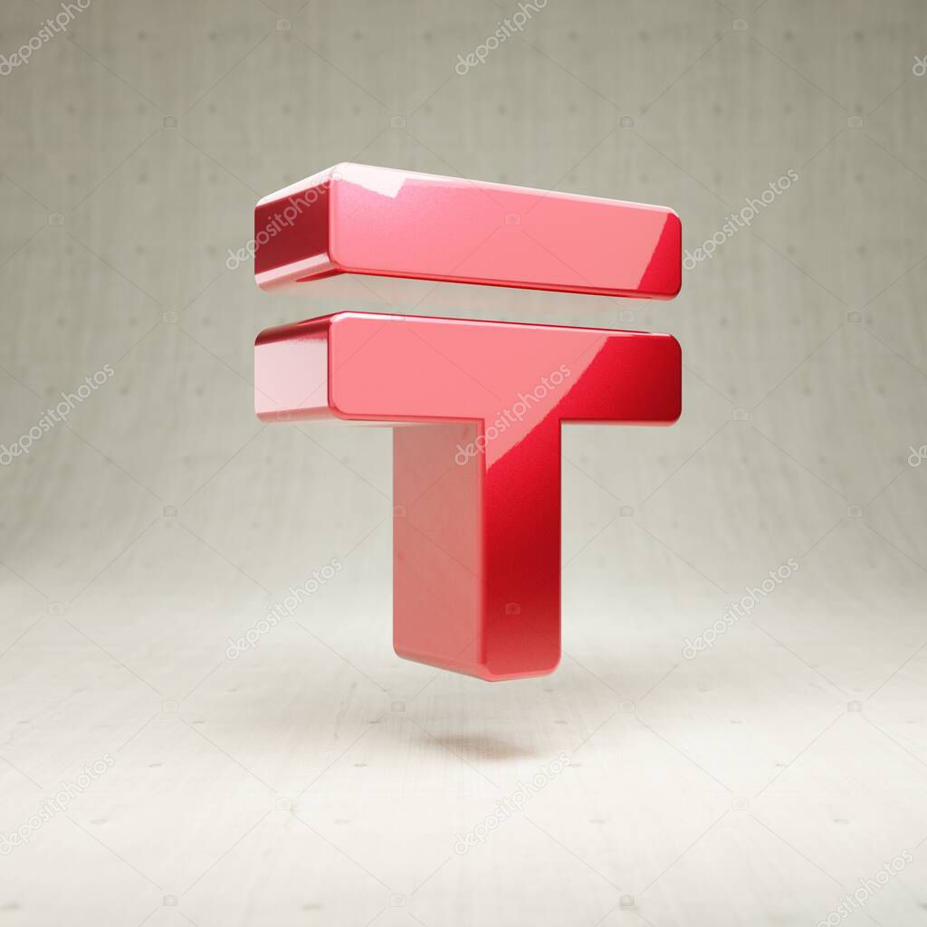 Tenge icon. Red glossy metallic Tenge symbol isolated on white concrete background.