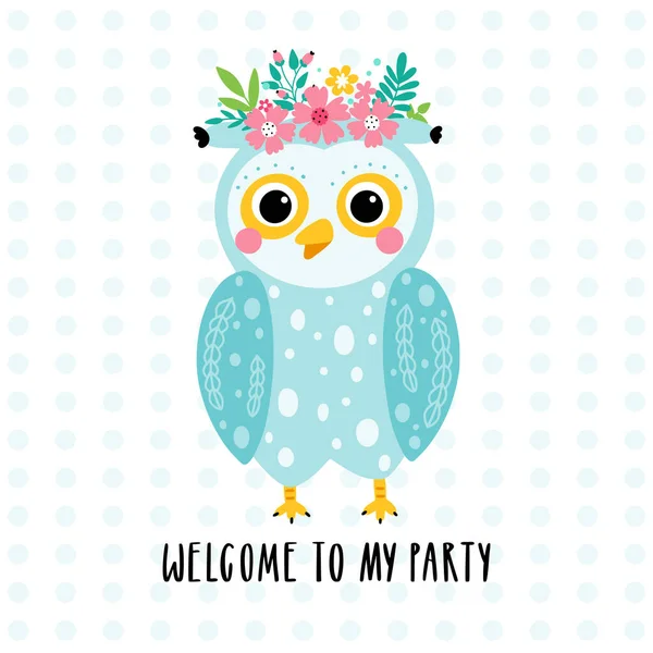 Funny owl cartoon character in vector. Owl decorated with flowers and inscription welcome to my party with polka dots background. Childrens illustration. - Stock Image - Everypixel Funny owl cartoon character in vector. Owl decorated with flowers and inscription welcome to my party with polka dots background. Childrens illustration. - Stock Image - Everypixel