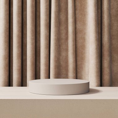Yumuşak perde arkaplanı olan bej silindir podyum ürün gösterimi ve modellemeleri için mükemmel..