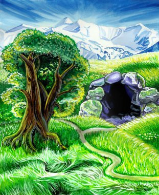 Çayır on bir meşe ve bir mağara bulunmaktadır. Kış dağlar fonunda. Suluboya. Uygun bir arka plan olarak.