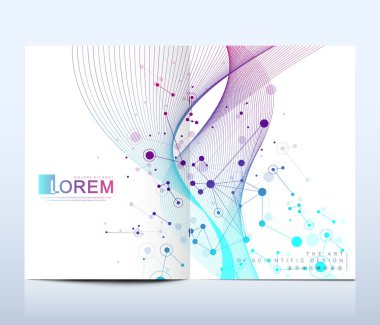 Broşür, broşür, broşür, broşür, kapak, A4 boyutunda katalog için modern vektör şablonu. DNA sarmalları, DNA iplikleri, molekül veya atom, nöronlar. Bilim veya tıbbi geçmiş için soyut yapı.