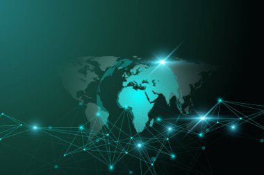 Genel ağ bağlantısı. Uzayda Dünya gezegeni üzerinde ağ ve büyük veri alışverişi. Küresel iş. Vektör çizim.