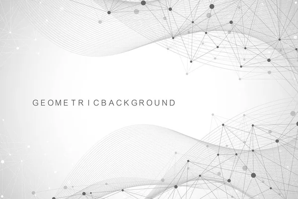 Bağlı çizgiler ve noktalarla Geometrik soyut arkaplan. Dalga akışı. Molekül ve iletişim geçmişi. Tasarımınız için grafiksel arkaplan. Vektör illüstrasyonu.