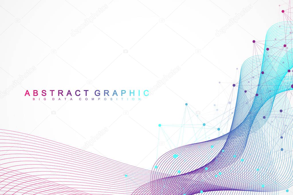 Geometric abstract background with connected lines and dots. Wave flow. Molecule and communication background. Graphic background for your design. Vector illustration.