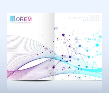 Broşür, broşür, broşür, broşür, kapak, A4 boyutunda katalog için modern vektör şablonu. DNA sarmalları, DNA iplikleri, molekül veya atom, nöronlar. Bilim veya tıbbi geçmiş için soyut yapı.
