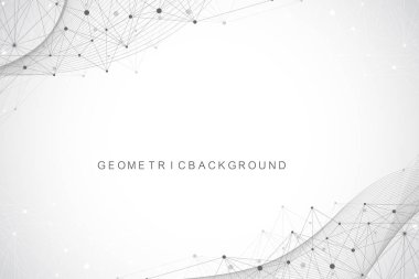 Bağlı çizgiler ve noktalarla Geometrik soyut arkaplan. Dalga akışı. Molekül ve iletişim geçmişi. Tasarımınız için grafiksel arkaplan. Vektör illüstrasyonu