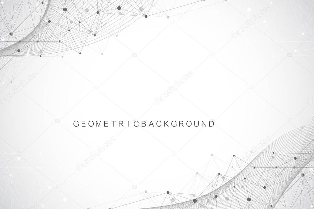 Geometric abstract background with connected lines and dots. Wave flow. Molecule and communication background. Graphic background for your design. Vector illustration