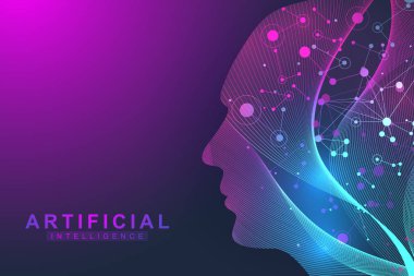 Fütüristik yapay zeka ve öğrenme kavramı makine... İnsan büyük veri görselleştirme. Wave Flow iletişim, bilimsel vektör çizim.
