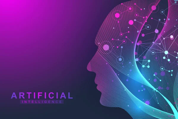 Fütüristik yapay zeka ve öğrenme kavramı makine... İnsan büyük veri görselleştirme. Wave Flow iletişim, bilimsel vektör çizim.