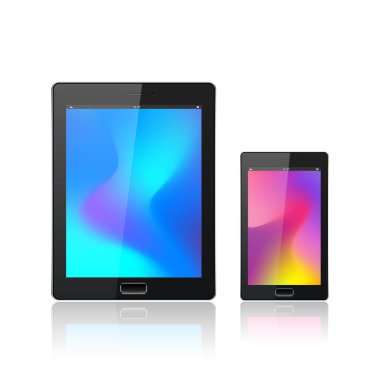 Mobil akıllı telefonlu modern dijital tablet beyaz üzerinde izole edilmiş. Soyut sıvı 3d vektör modayı sıvı renk arkaplanlarını şekillendirir. Renkli sıvı grafik bileşimi.