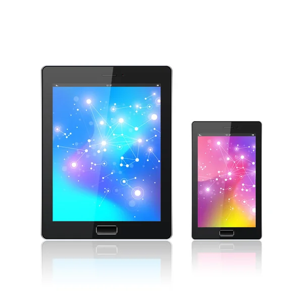 Moderní digitální tablet PC s mobilním smartphonem izolovaný na bílém. Abstraktní tekutina 3D tvary vektor trendy tekuté barvy pozadí. Grafické složení barevné tekutiny. — Stockový vektor