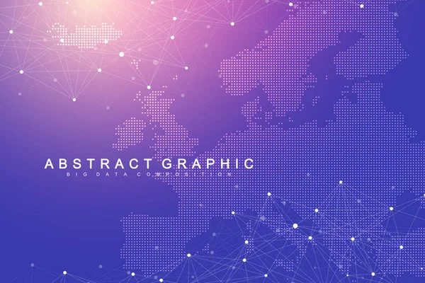 Comunicazione geometrica dello sfondo grafico con la Mappa Europa. Complesso di big data con composti. Contesto prospettico. Un array minimo. Visualizzazione dei dati digitali. Illustrazione cibernetica scientifica vettoriale . — Vettoriale Stock