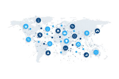 Sosyal medya ağ ve pazarlama kavramı ile noktalı dünya haritası. Internet ve iş teknoloji. Analitik ağlar. Vektör çizim