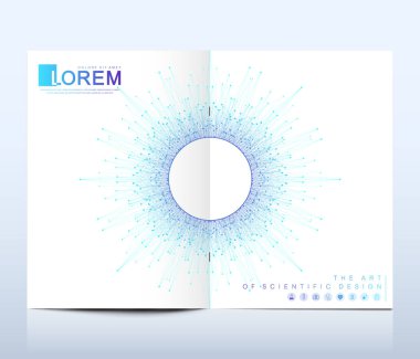 Broşür, broşür, el ilanı, kapak, afiş, katalog, dergi veya yıllık raporu A4 boyutunda modern vektör şablonu. Fütüristik bilim ve teknoloji tasarım. Mandala sunuyla. Satırları pleksus.