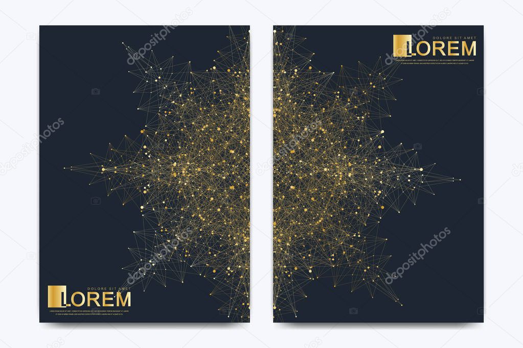 Modern vector template for brochure, leaflet, flyer, cover, banner, catalog, magazine, or annual report in A4 size. Futuristic science and technology design. Golden presentation with mandala