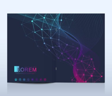 Broşür, broşür, broşür, broşür, kapak, A4 boyutunda katalog için modern vektör şablonu. DNA sarmalları, DNA iplikleri, molekül veya atom, nöronlar. Bilim veya tıbbi geçmiş için soyut yapı.