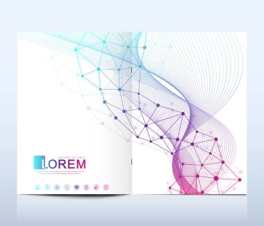 Broşür, broşür, broşür, broşür, kapak, A4 boyutunda katalog için modern vektör şablonu. DNA sarmalları, DNA iplikleri, molekül veya atom, nöronlar. Bilim veya tıbbi geçmiş için soyut yapı