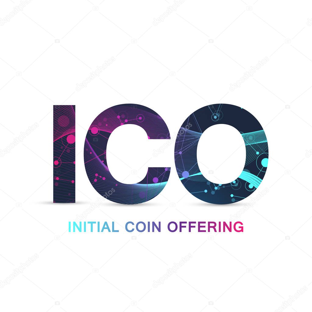ICO Initial Coin Offering infographic web banner. Initial coin offering promo poster with world map. Cryptocurrency e-commerce texture conceptStartup, Blockchain diagram, vector illustration.