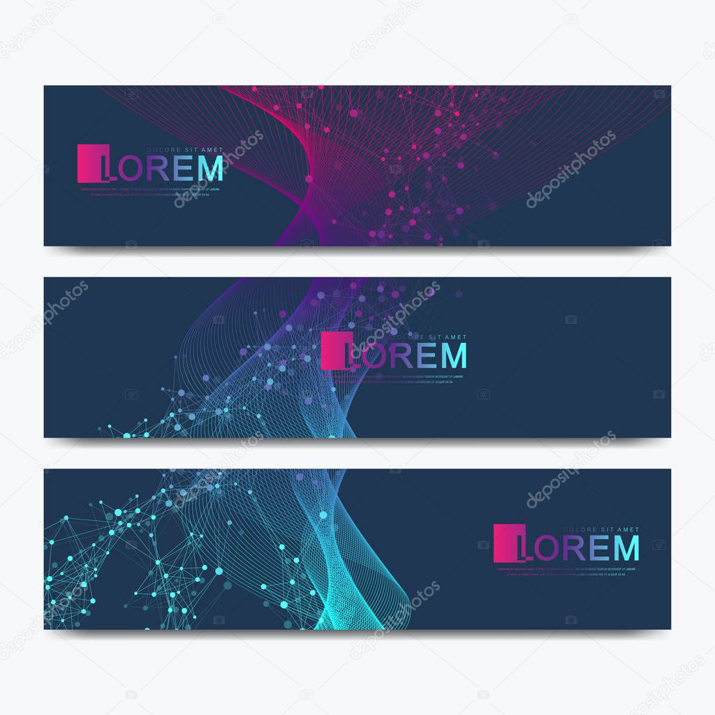 Abstract vector set of modern website banners. Scientific cybernetics background with a colored dynamic waves, line and particles. Wave flow. Molecule and communication background.