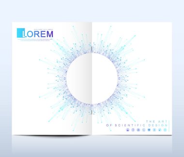 Broşür, broşür, el ilanı, kapak, afiş, katalog, dergi veya yıllık raporu A4 boyutunda modern vektör şablonu. Fütüristik bilim ve teknoloji tasarım. Mandala sunuyla. Satırları pleksus.