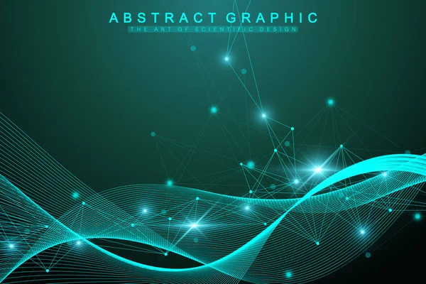 Molécula geométrica de fondo gráfico y comunicación. Complejo de macrodatos con compuestos. Inteligencia artificial y concepto de aprendizaje automático. Flujo de onda. Ilustración científica de vectores cibernéticos — Archivo Imágenes Vectoriales