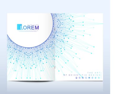 Broşür, broşür, el ilanı, kapak, afiş, katalog, dergi veya yıllık raporu A4 boyutunda modern vektör şablonu. Fütüristik bilim ve teknoloji tasarım. Mandala sunuyla. Satırları pleksus